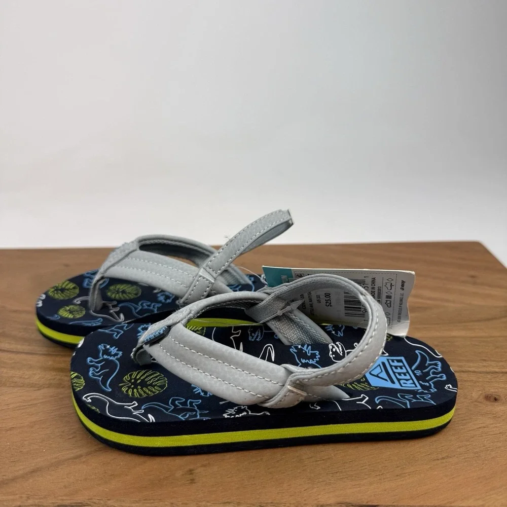New Little Kids Reef‎ Little Ahi Slip On Water Flip Flops Blue Dinosaurs Sz 10 C