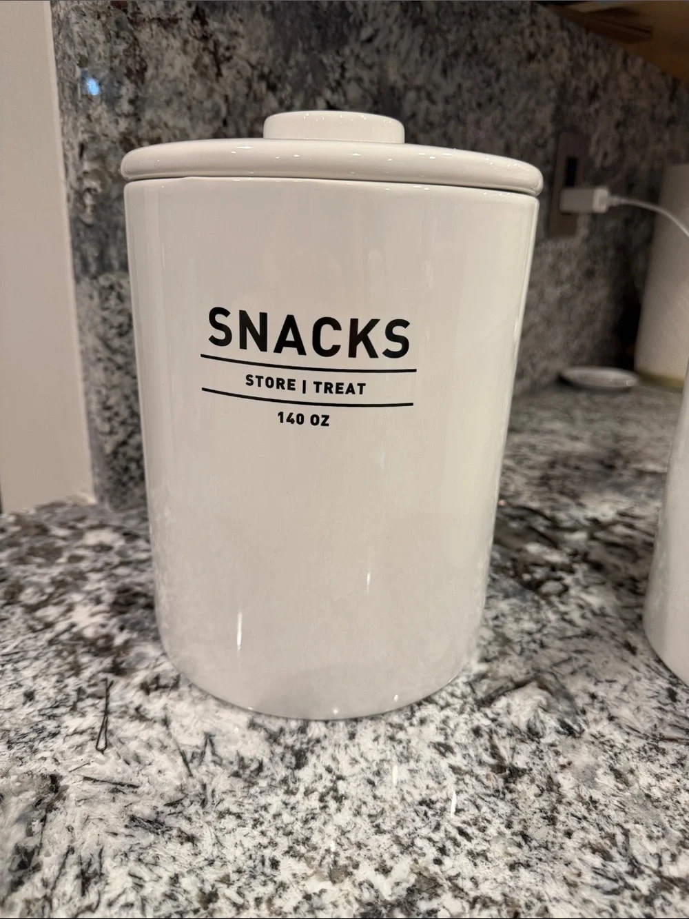 West Elm White Ceramic Snack Canister with Black Lettering