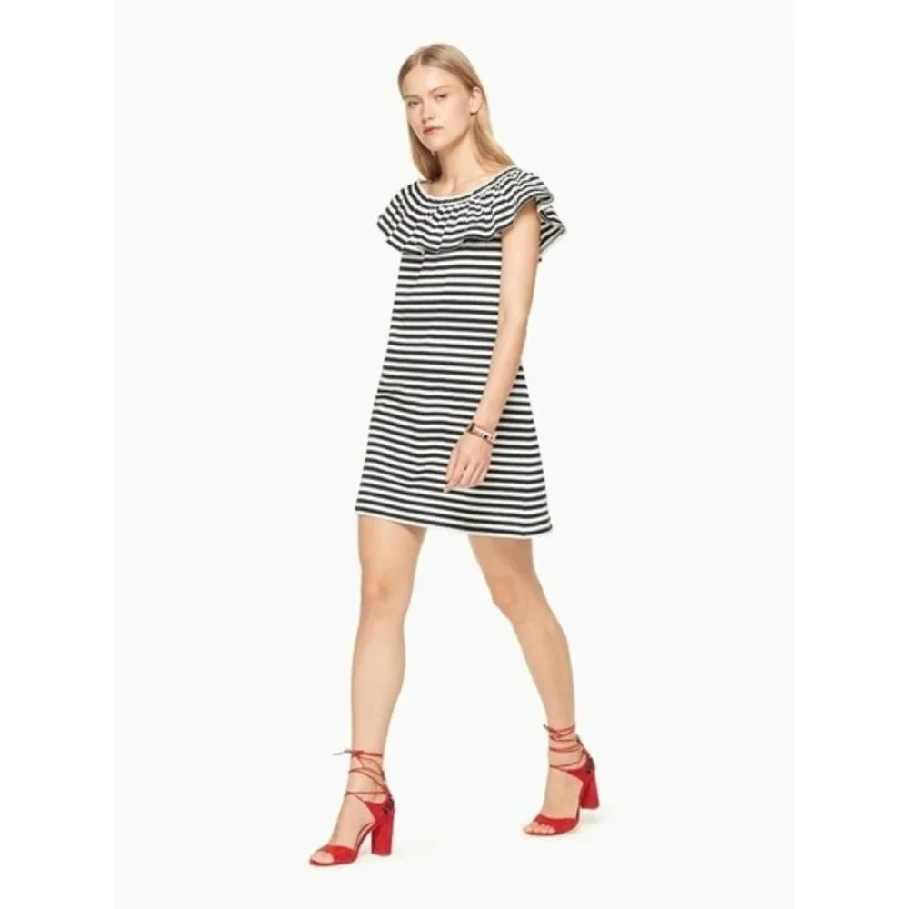 Kate Spade Off Shoulder Stripe Ruffle Shift Dress Black/White‎ Small