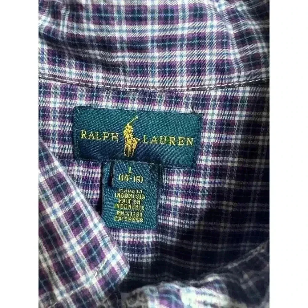 Ralph Lauren Purple Plaid Button Up Boys Large 14-16