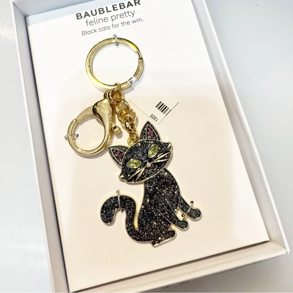 BaubleBar Glittery Black Cat Halloween Keychain NIB