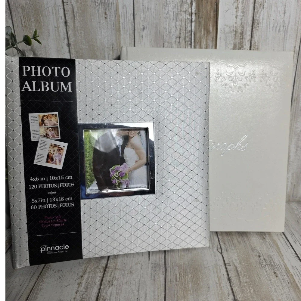 Pinnacle Silver Quilted & White Embossed Photo Album Set Wedding Keepsake 2pk