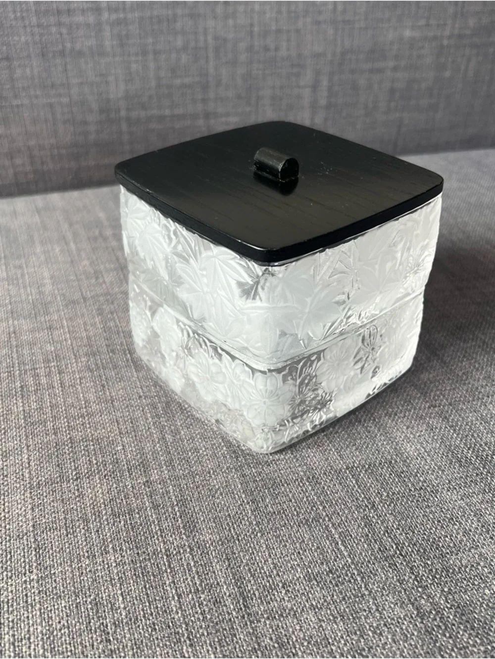 Princess House Fantasia Frosted Floral Glass Jewelry Jar with Black Lid