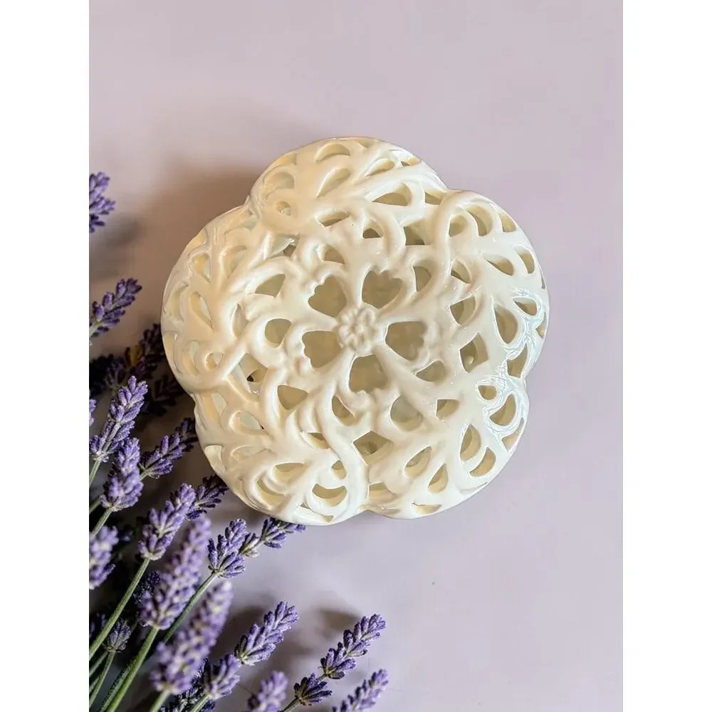 Vintage Oleg Cassini Reticulated Ceramic Trinket Box-Tea Light-Candle Holder-Lid