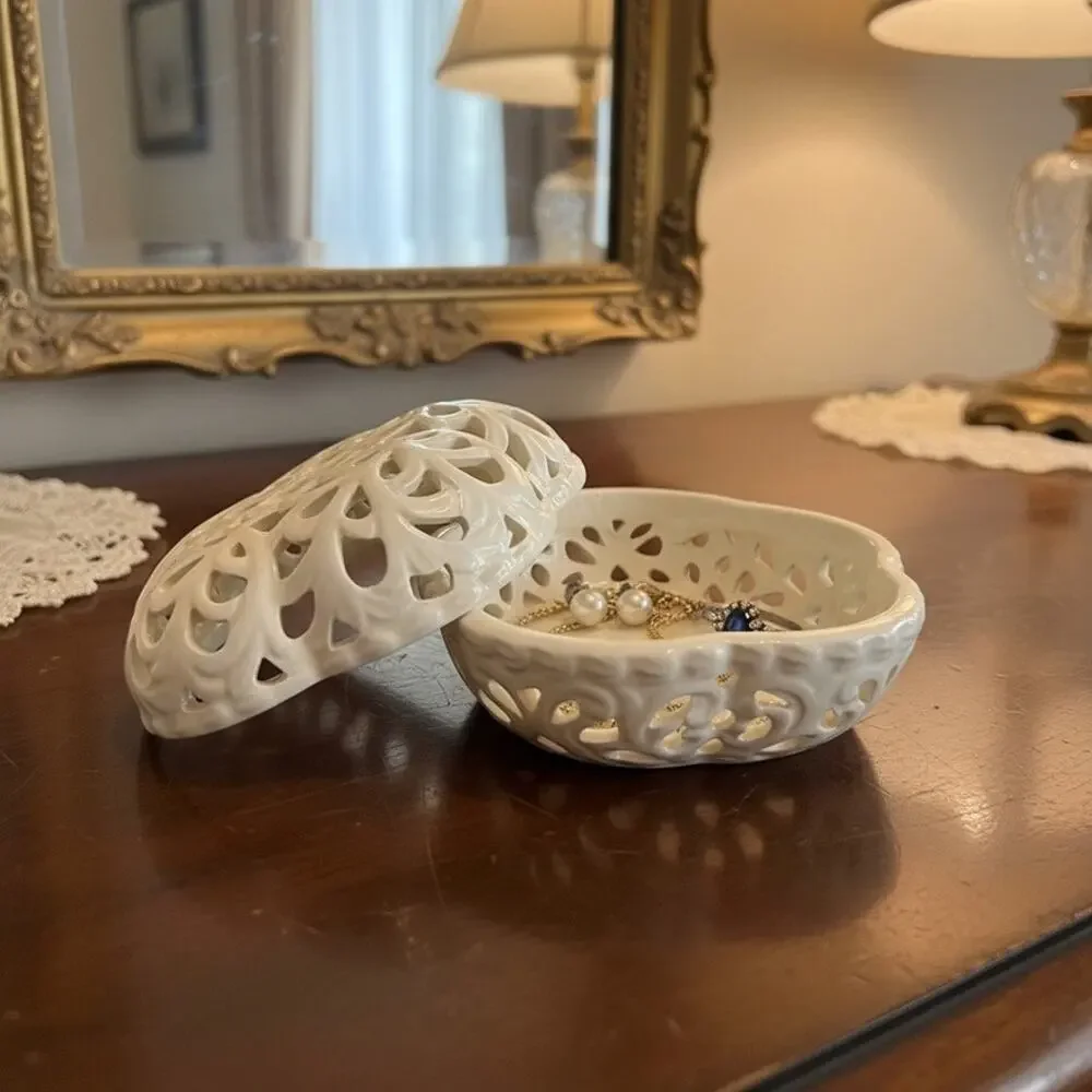 Vintage Oleg Cassini Reticulated Ceramic Trinket Box-Tea Light-Candle Holder-Lid