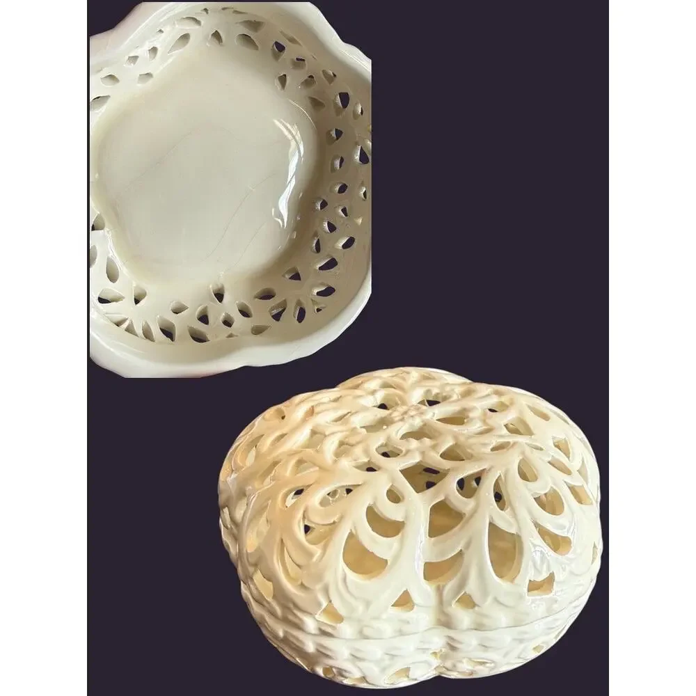 Vintage Oleg Cassini Reticulated Ceramic Trinket Box-Tea Light-Candle Holder-Lid