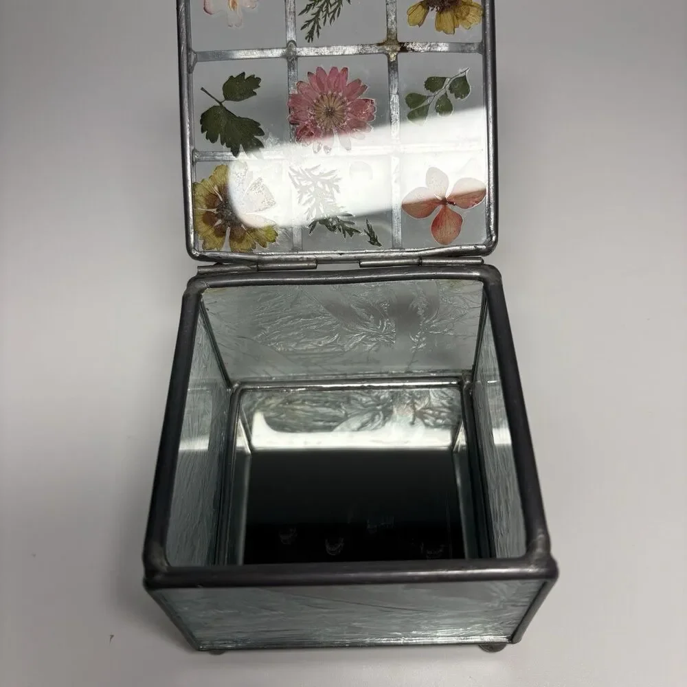 Vintage Glass Trinket Jewelry Box Hinged Pressed Flowers Mirror Base PAPYRUS