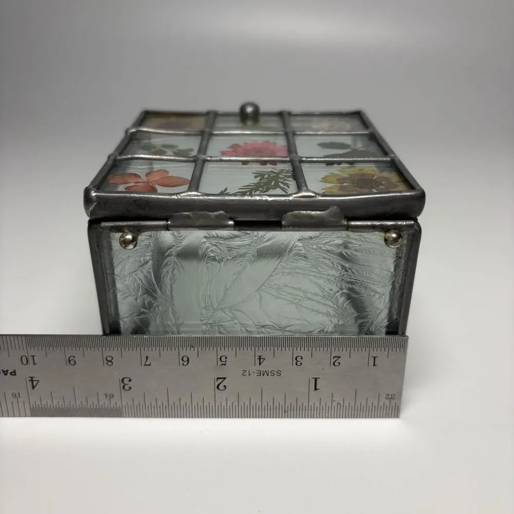 Vintage Glass Trinket Jewelry Box Hinged Pressed Flowers Mirror Base PAPYRUS