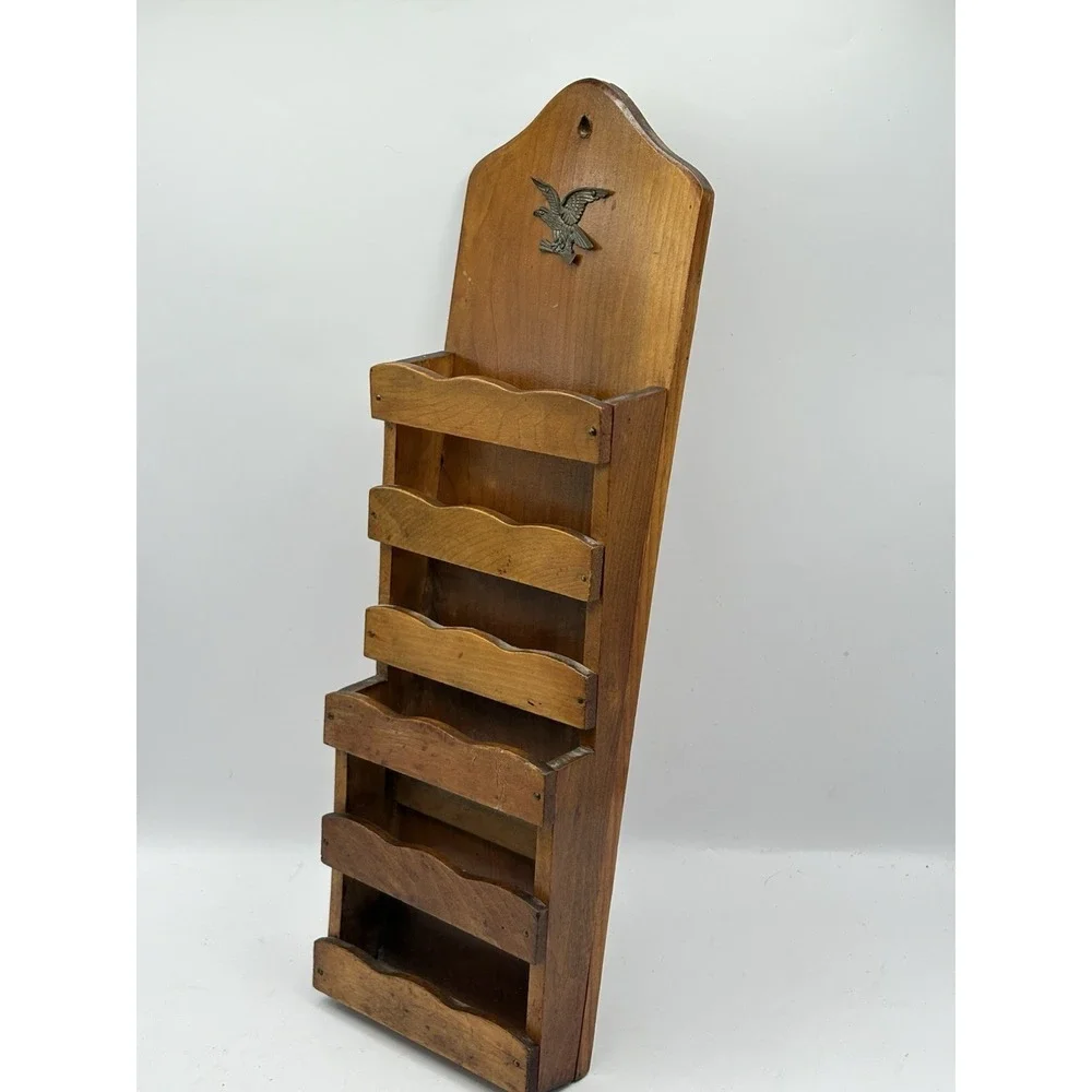 Vintage Colonial Hanging Wood Mail Holder Rack Eagle Accent Americana MCM Japan
