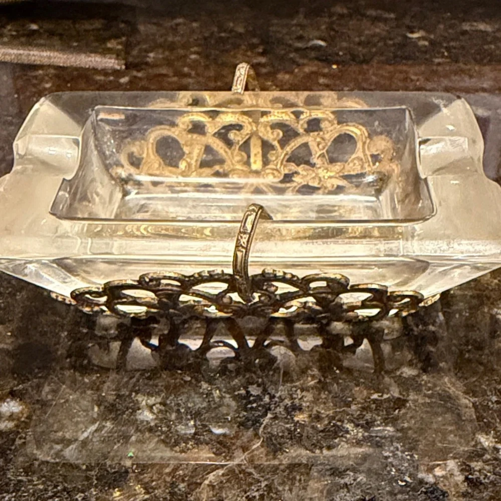 VTG Hollywood Regency Filigree Glass Ashtray