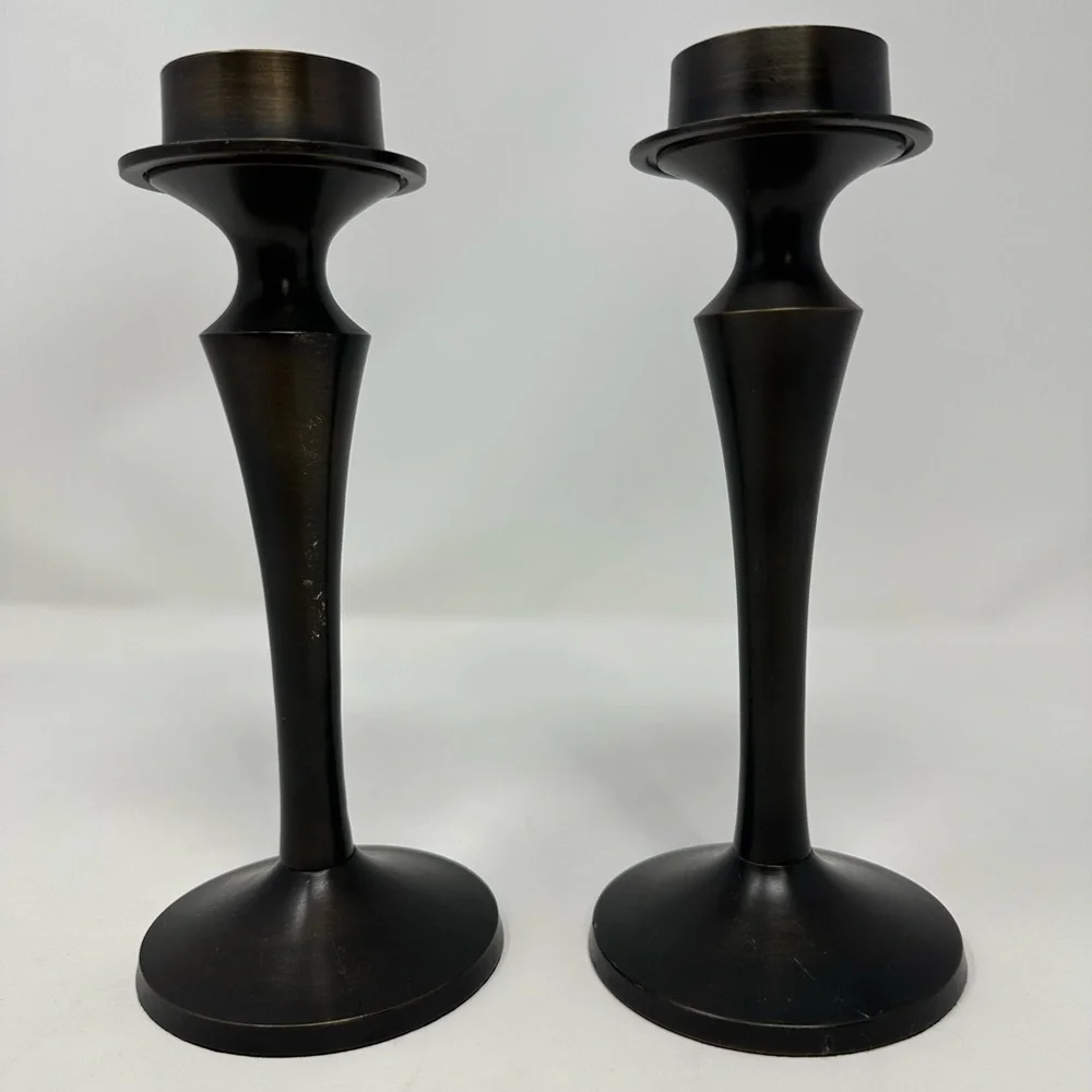 Pottery Barn Set Of‎ 2 Brown Candle Holder Sticks Heavy Taper Pillar 8.5