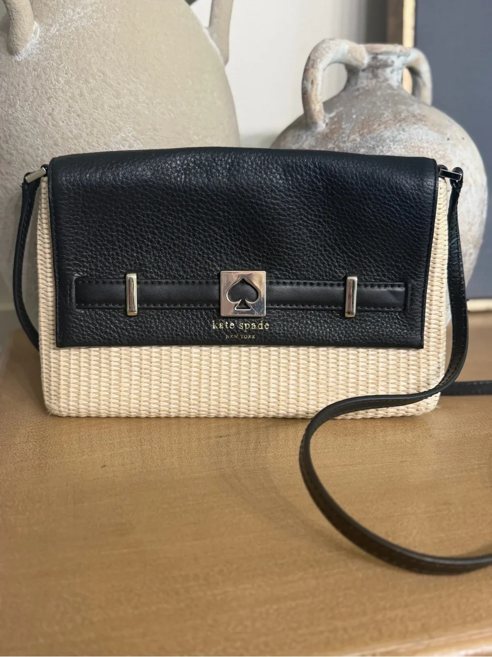 Kate Spade New York Straw & Leather Crossbody Bag