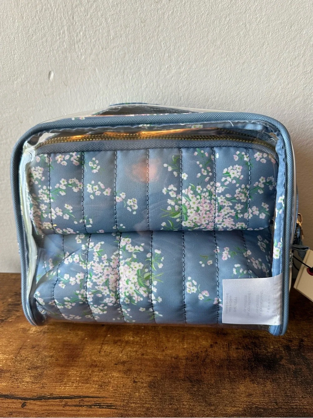 Ted Baker 3 Piece Blue Quilted Floral & Clear Cosmetic Bag Pouches NWT