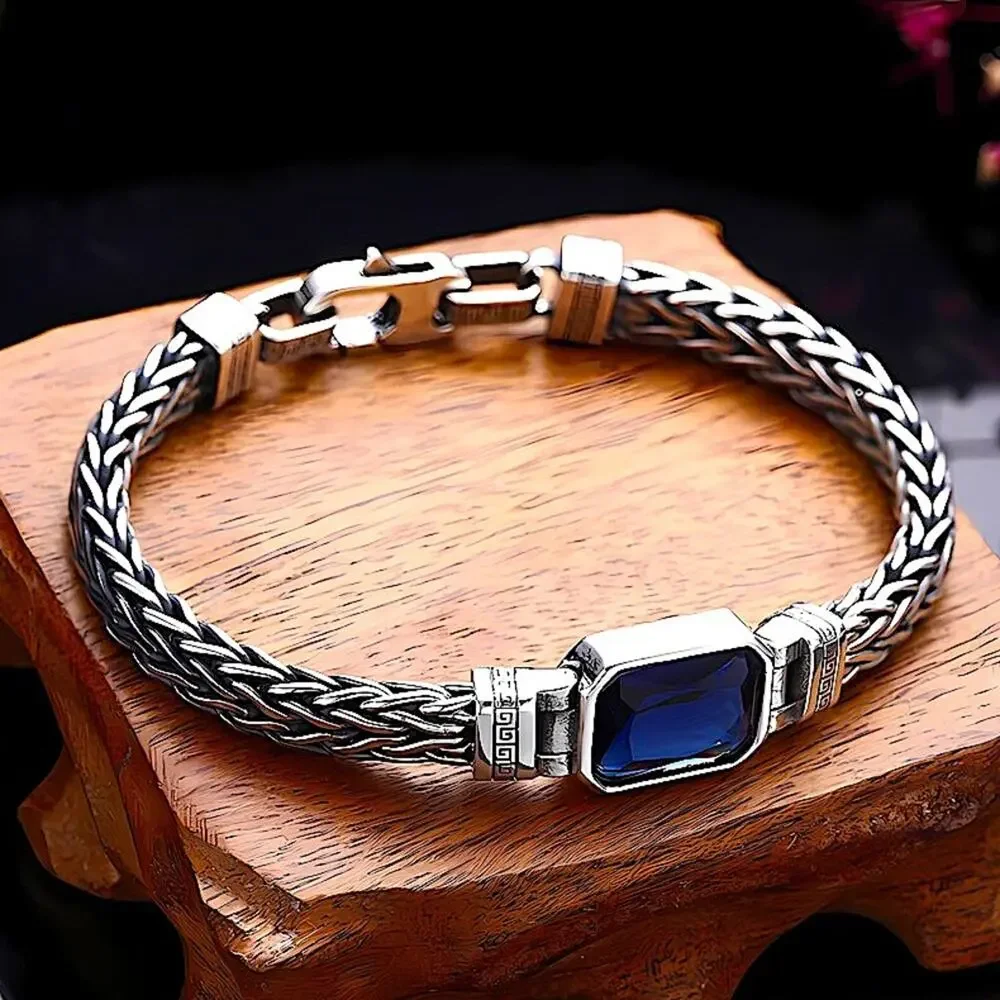 Sterling Silver Blue Zircon Braided Bracelet, Unisex, Handmade