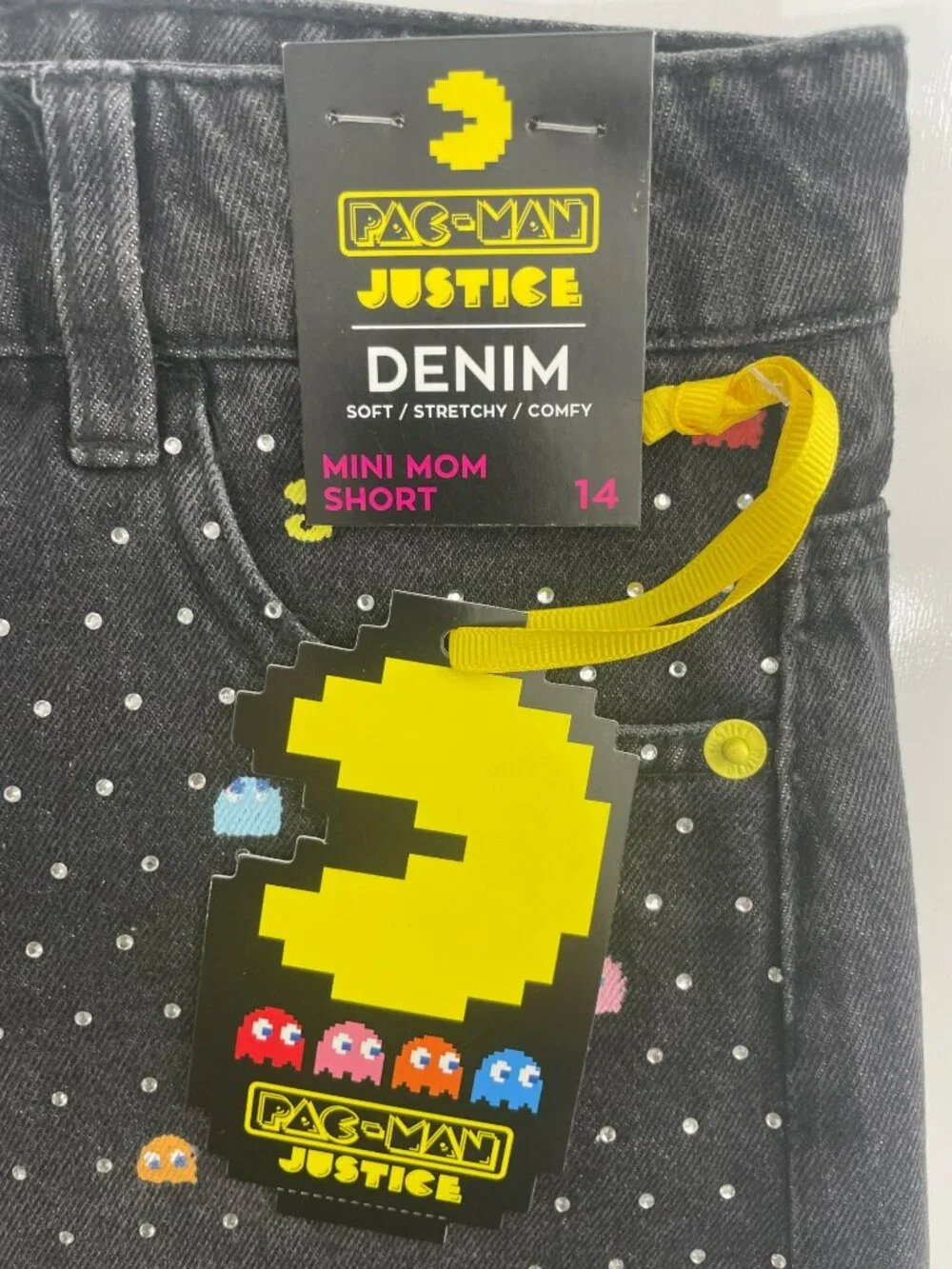 Justice Pac-Man Shorts Stretchy Denim Mini Mom Rhinestones Black Girls Sz 14 NWT