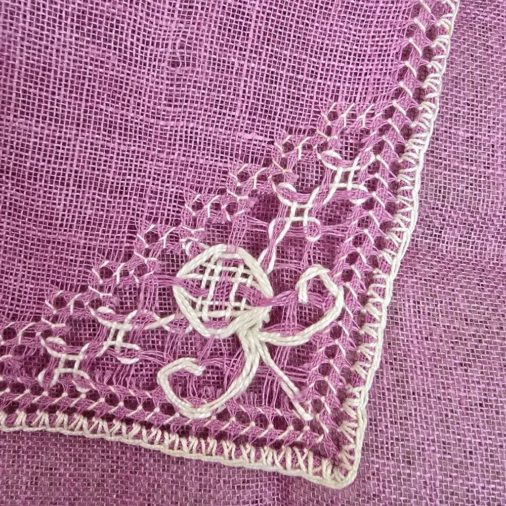 Vintage Orchid Purple Linen Napkins Set of 8 Hand Crocheted White Lace Trim