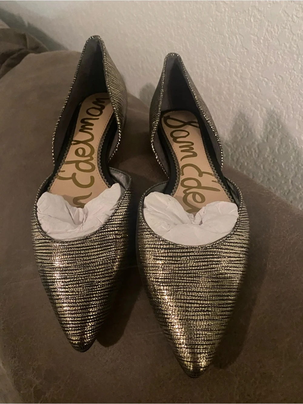 Sam Edelman Metallic Gold Textured Pointed-Toe D'Orsay Flats