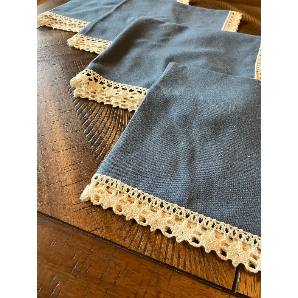 Napkin Lot of (4) Blue Cream‎ Handmade Lace Edges Linen(?) Boho Bohemian
