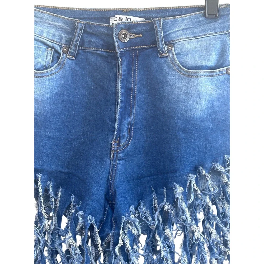 JC & JQ Blue Denim High Waisted Fringe Tassel Shorts HS2309 Medium Wash Womens S