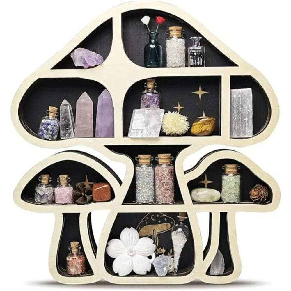 Wooden Mushroom Floating Shelf Crystal Display Wall Hanging Organizer for Decor