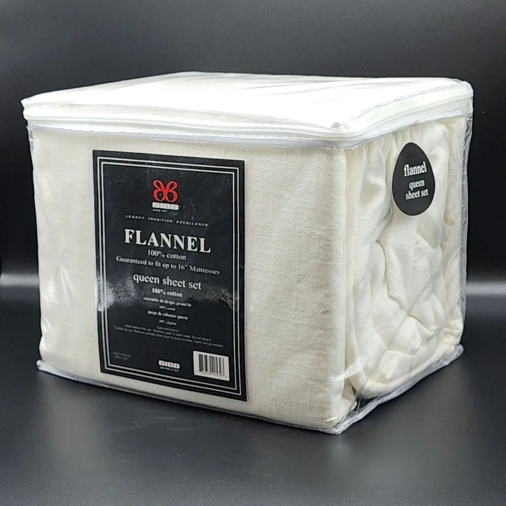BIBB Home Heavy Cotton Flannel Sheet Set Queen Size Ivory 4pc Soft Cozy And Warm