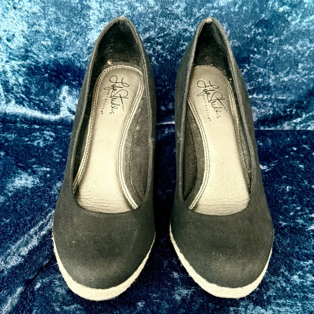 LifeStride Dexflex Black Canvas Cork Wedge‎ Sandals Size 8 Cushion Comfort