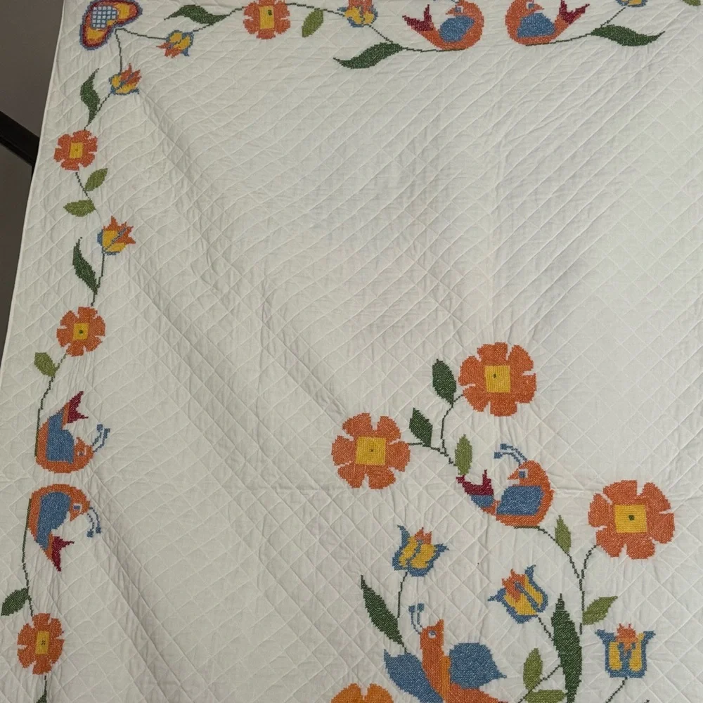 Vintage Lovebirds Needlepoint Quilt‎ Folk Art Heart Floral Bedspread Queen XL