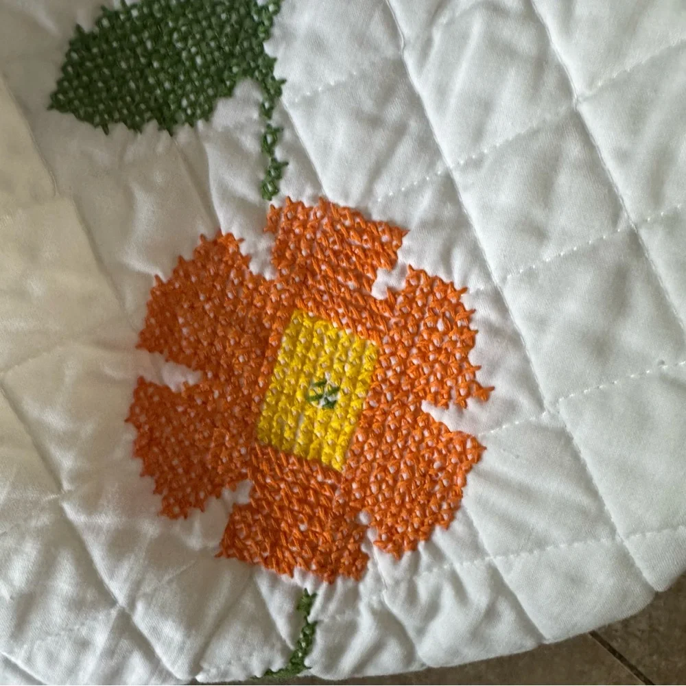 Vintage Lovebirds Needlepoint Quilt‎ Folk Art Heart Floral Bedspread Queen XL
