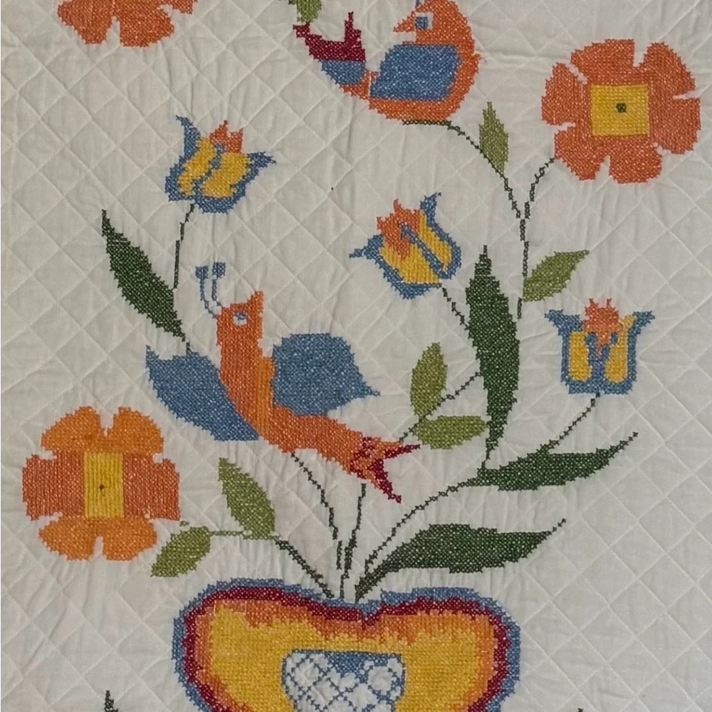 Vintage Lovebirds Needlepoint Quilt‎ Folk Art Heart Floral Bedspread Queen XL