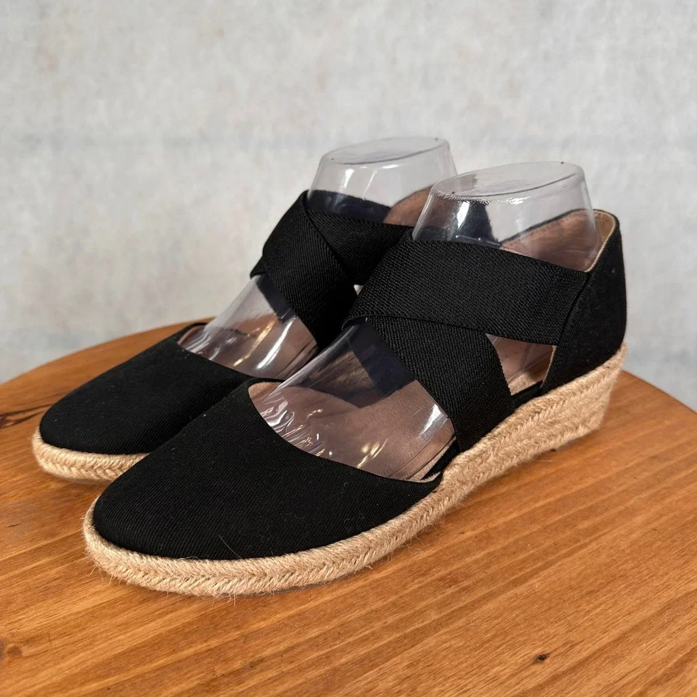 LifeStride Keaton Wedge Espadrilles Women 8.5M Black Good Crisscross Straps