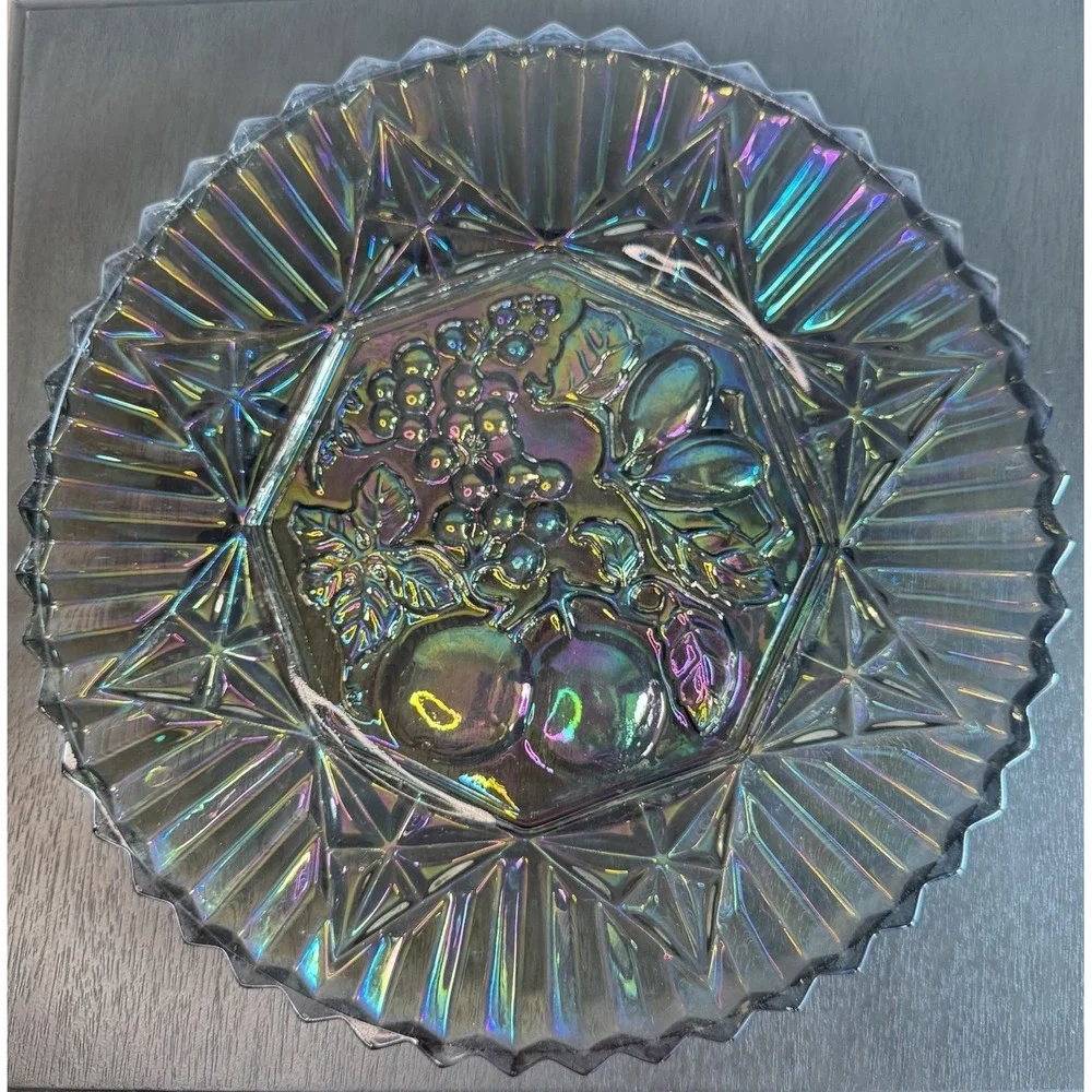 Vintage INDIANA Carnival Glass Serving/Jewelery Platter Iridescent Fruit‎ 11.5