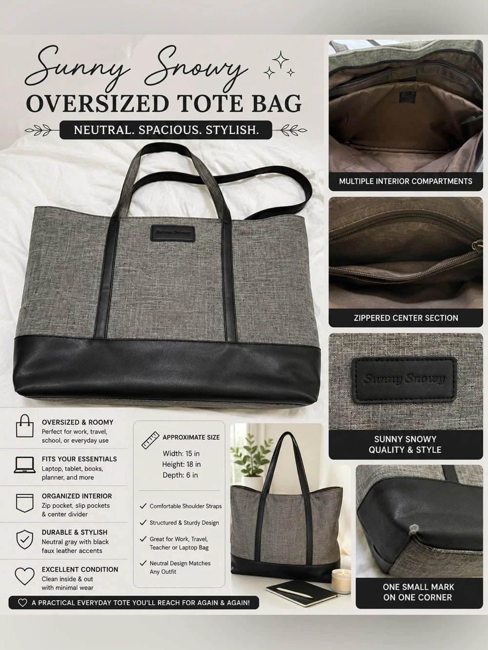 Sunny Snowy Gray Tote Bag for Men with Black Trim