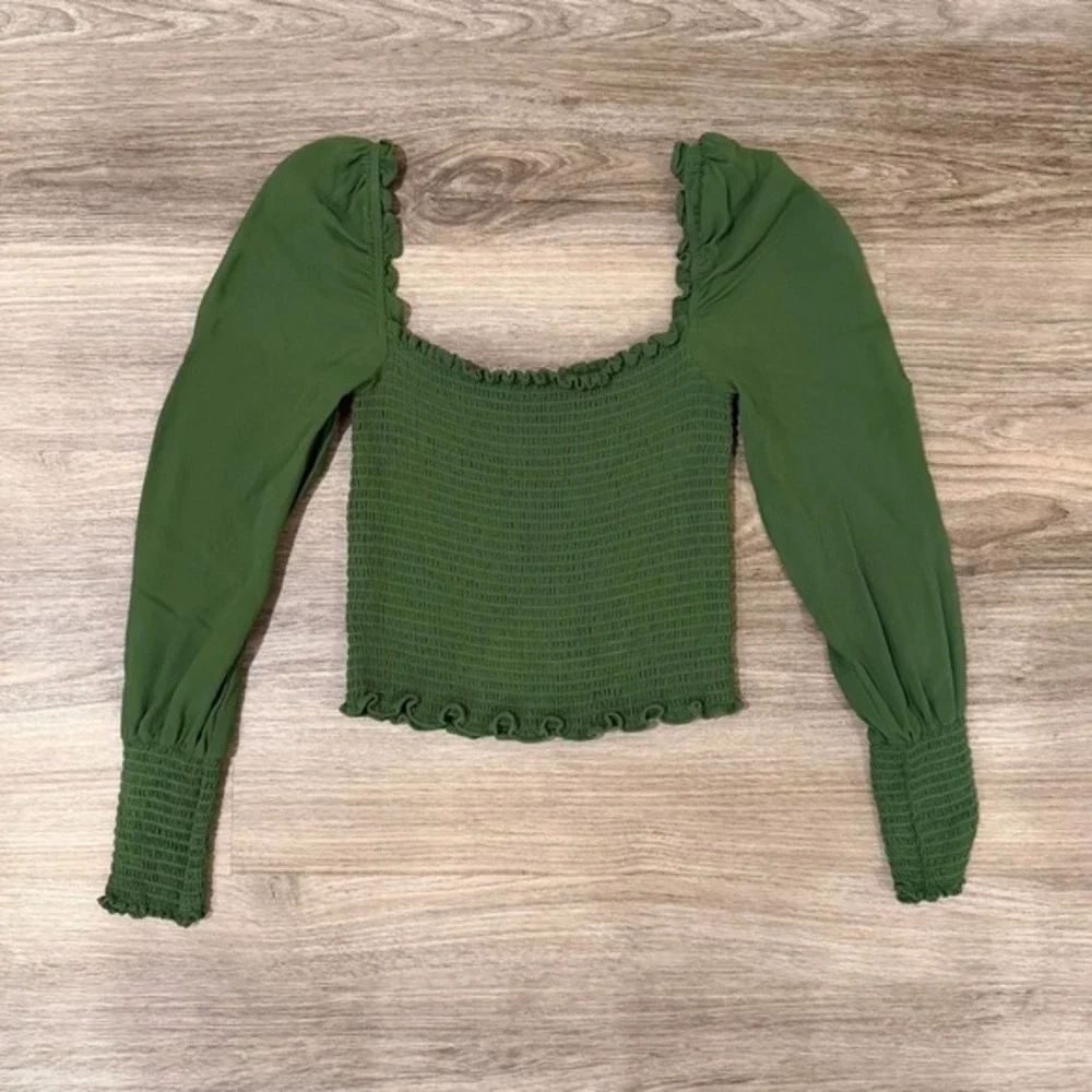 Reformation Pinto‎ Smocked Top Womens XS Green Moss Fitted Crop Blouse