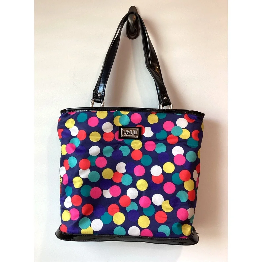 LULU By LULU GUINESS Purse Blue Pink Gray Polka Dot Satchel Shoulder Bag Patent