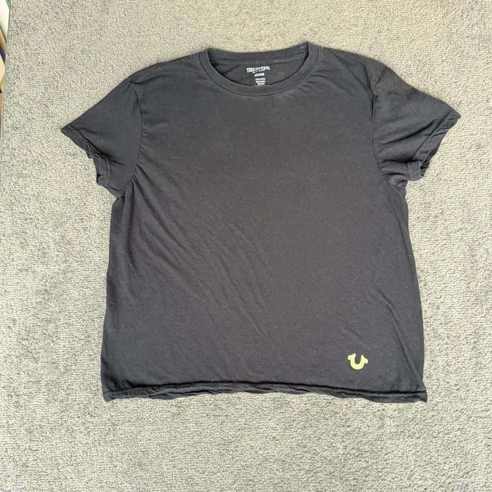 True Religion Mens Black Cotton Short Sleeve Gold Horseshoe Logo T-Shirt Medium