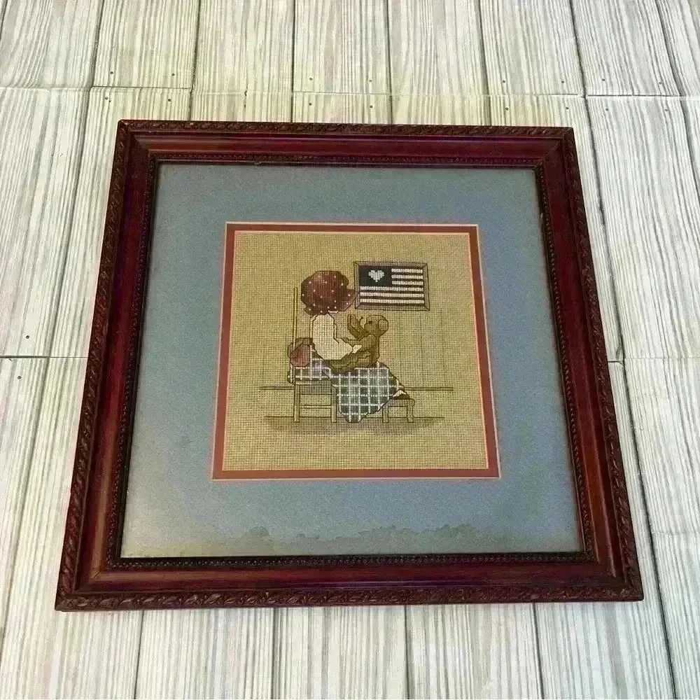 Framed Patriotic Teddy Bear Cross Stitch Embroidered Handmade