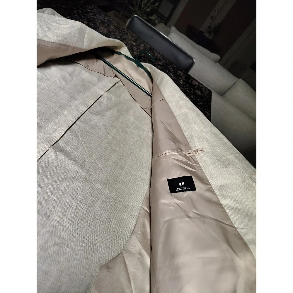 New H&M Slim Fit Linen 2 Button Jacket Blazer Light Beige Size 50Regular