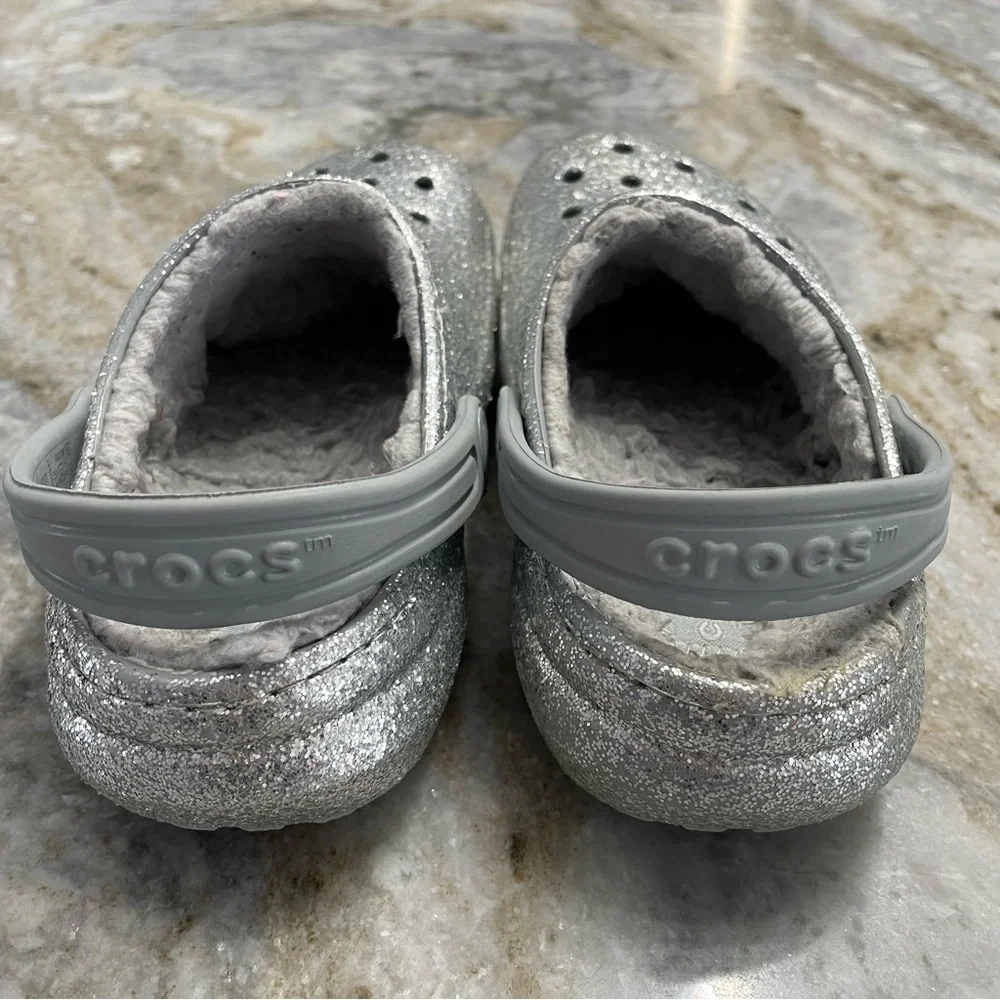 Crocs Classic Glitter Lined Clogs 'Silver Grey' 205937-00N Size C12 Toddler