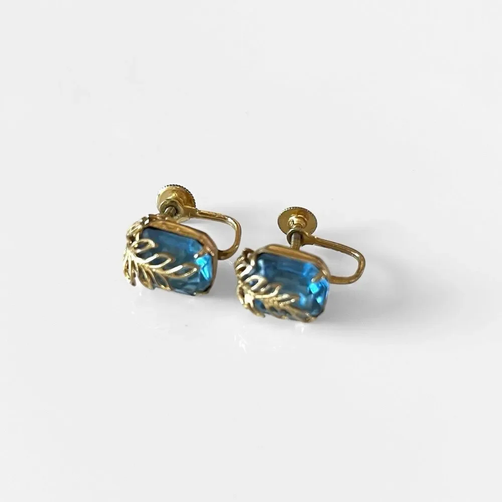Vintage Coro Blue Crystal Gold Leaf Screwback Earrings