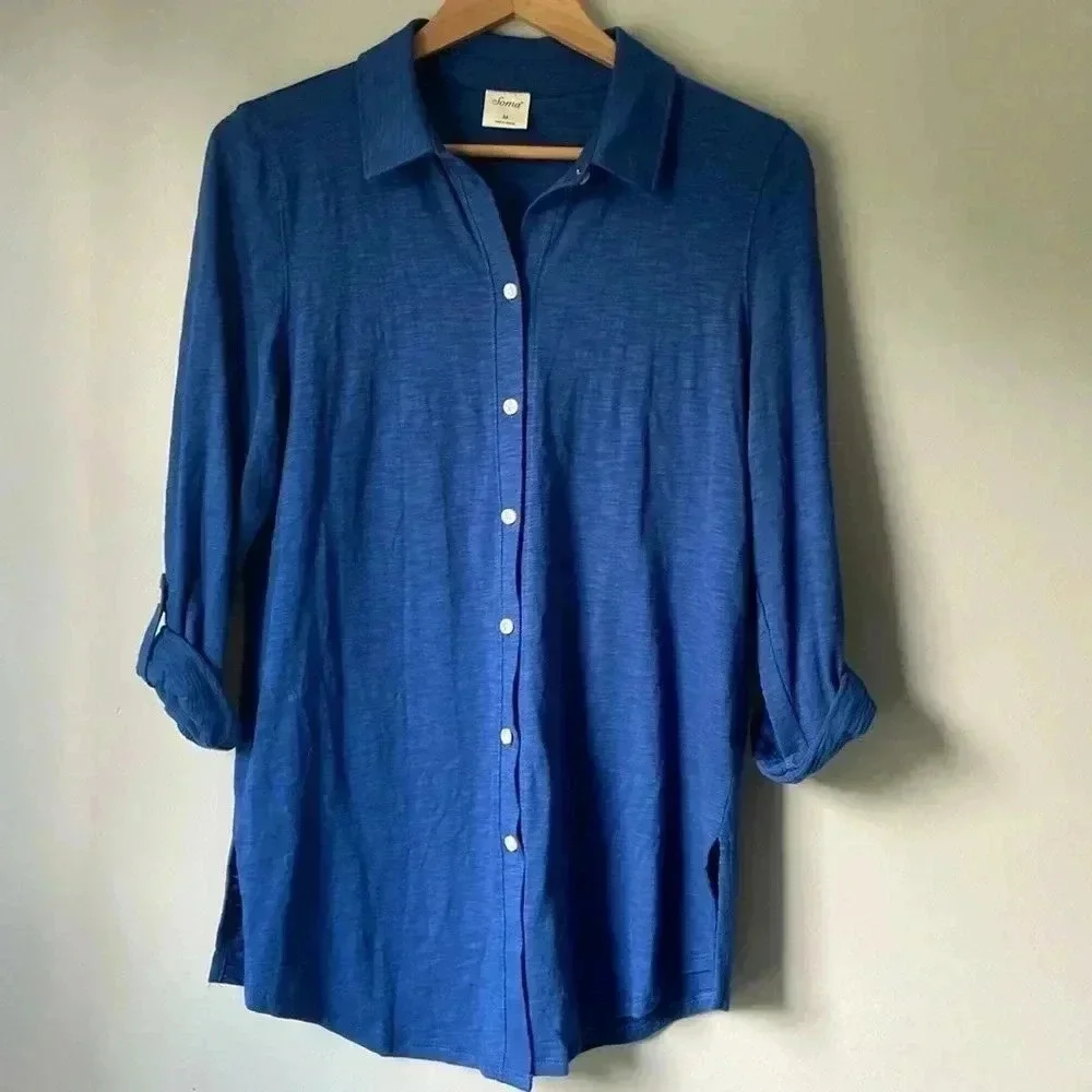Soma Size M Blue 3/4” Sleeve Slub Collar Button Down Modal Blouse Tee Top