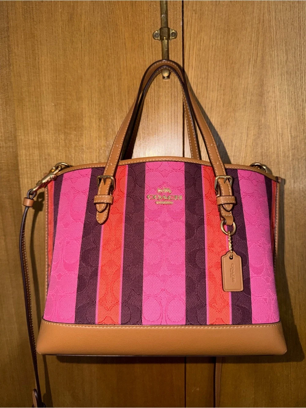 Coach Mollie 25 Pink and Orange Stripe Satchel with Tan Trim