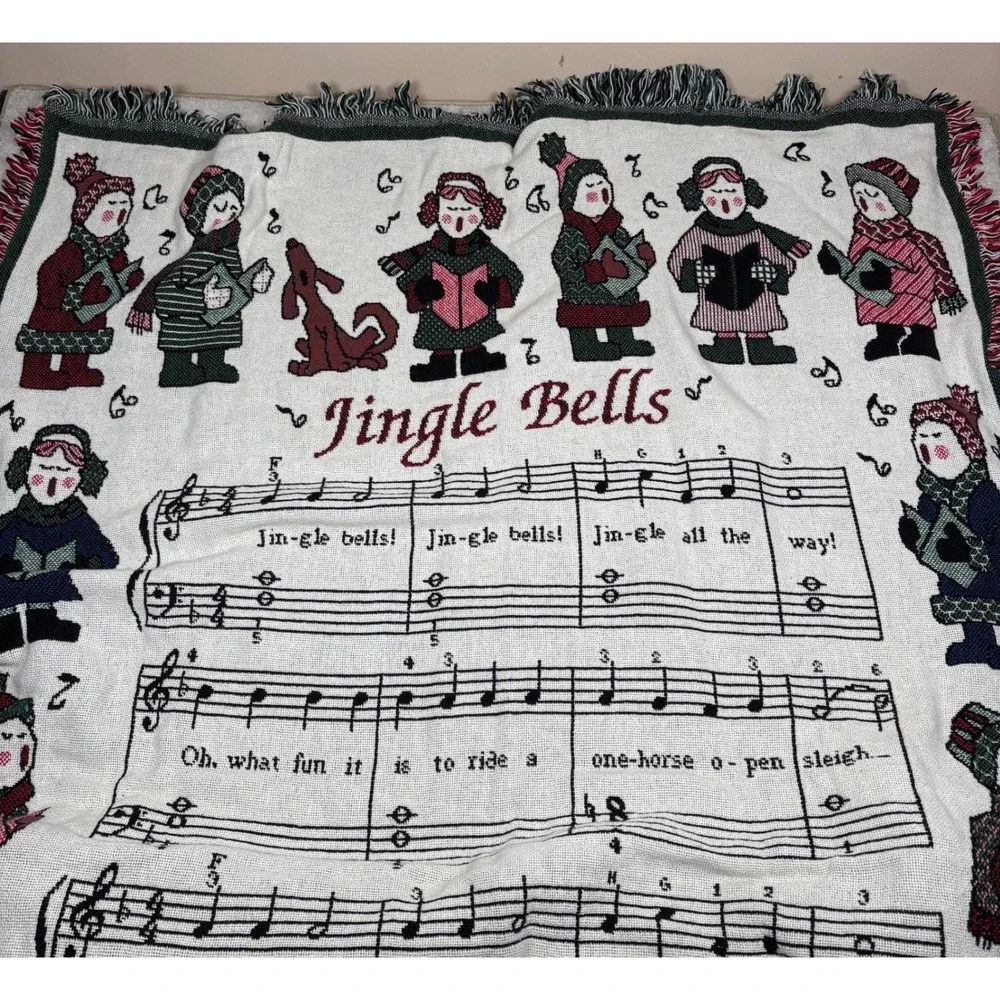 Vtg Jingle Bells Christmas Carolers Tapestry Throw Musical‎ Notes Blanket