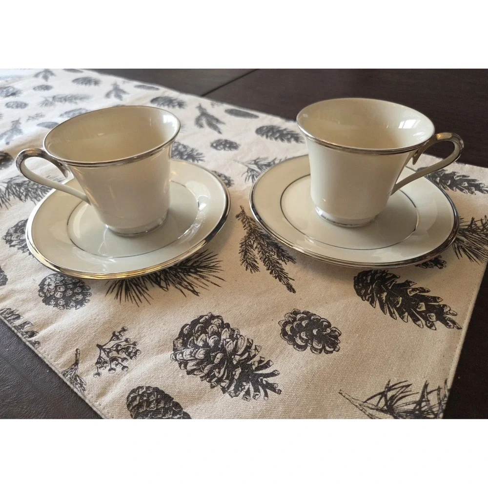 Lenox Solitaire 2 Sets Cup and Saucer Dishwasher Safe Platinum‎ Trim
