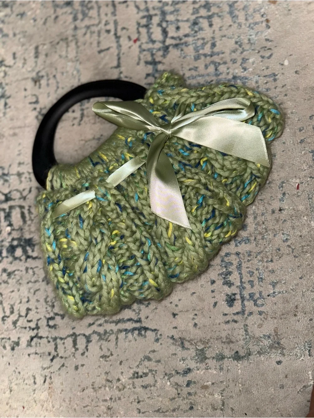 Y2K aesthetic Handmade Green Knit Wristlet with Satin Bow