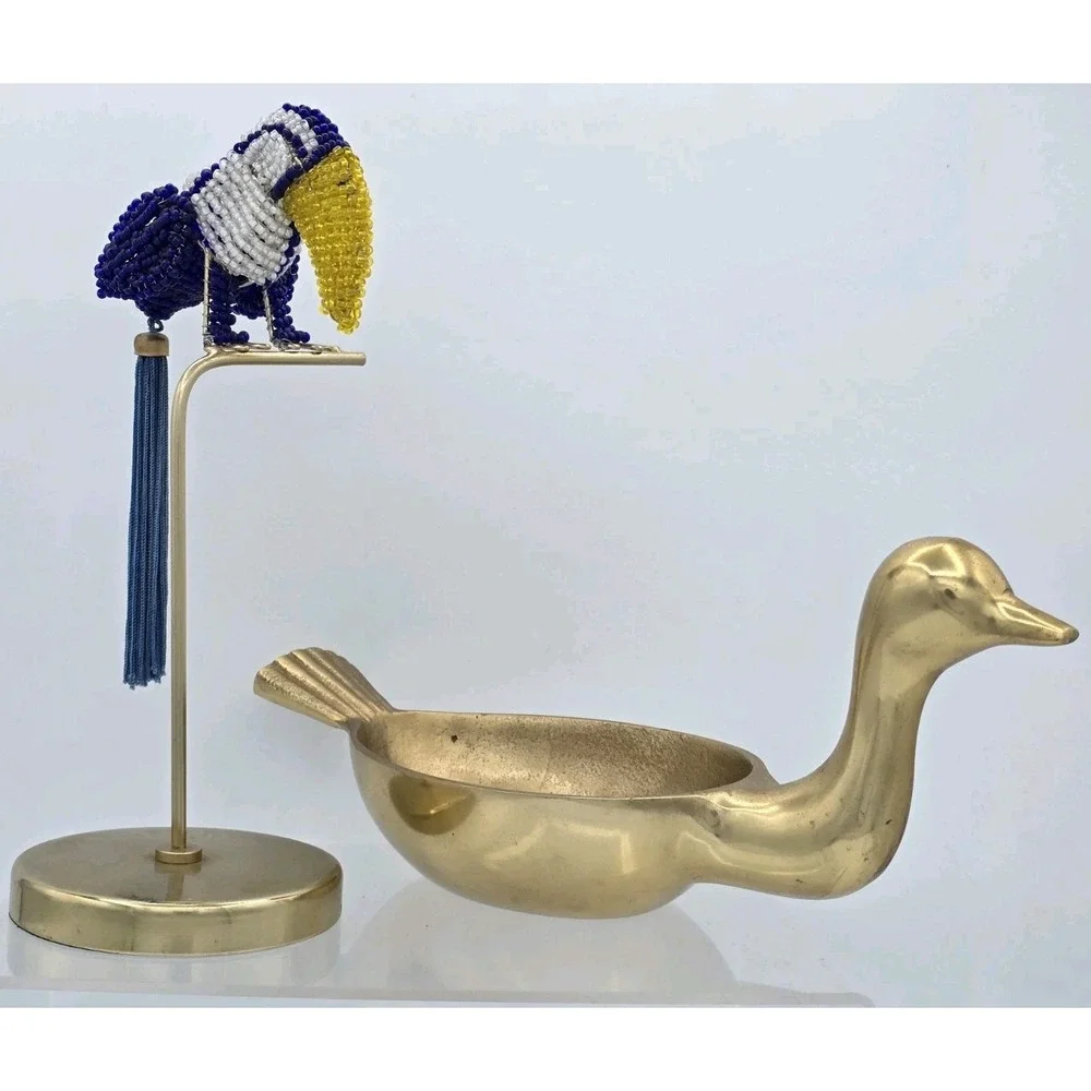 2 Lot of Decorative Finely Beaded Tucan On Stand & Shiny Brass Duck Decor Bowl