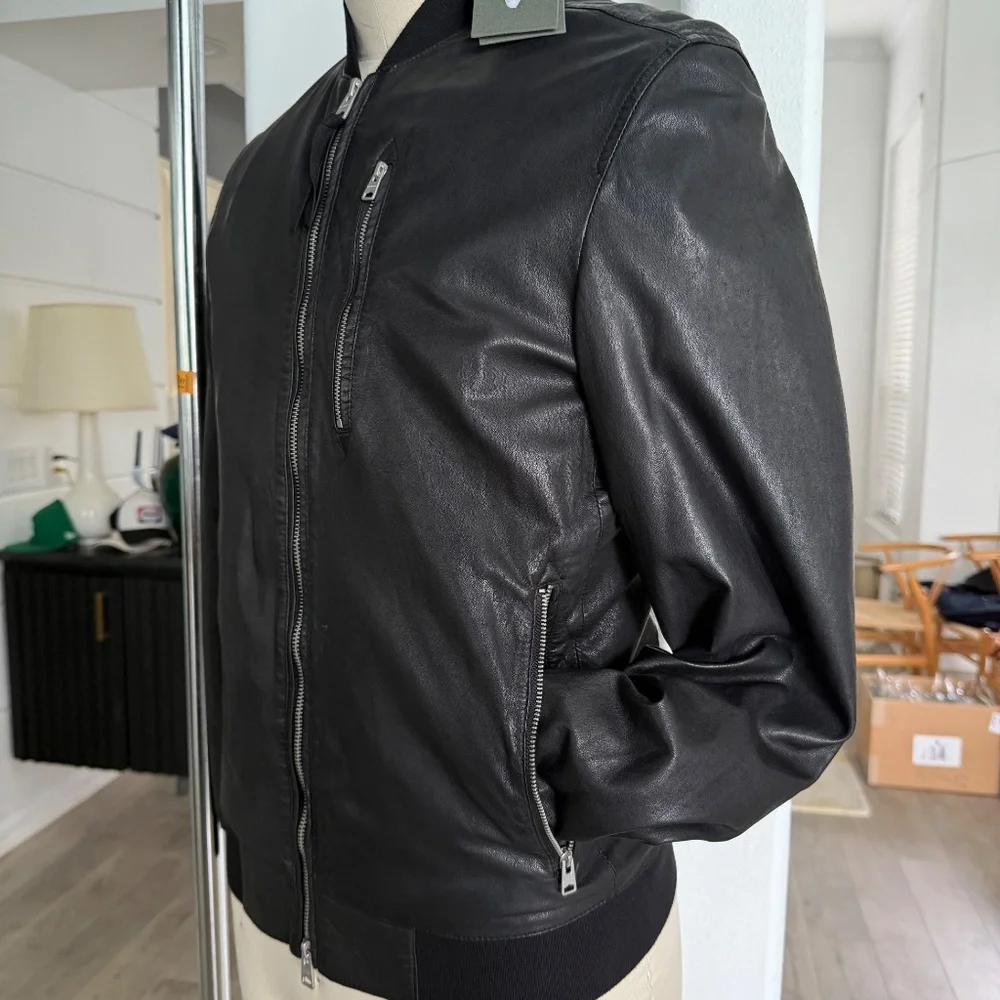 ALL SAINTS‎ X- SMALL Mens Black Leather NINO Bomber Jacket