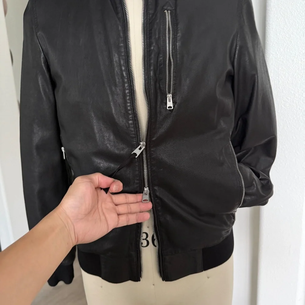 ALL SAINTS‎ X- SMALL Mens Black Leather NINO Bomber Jacket