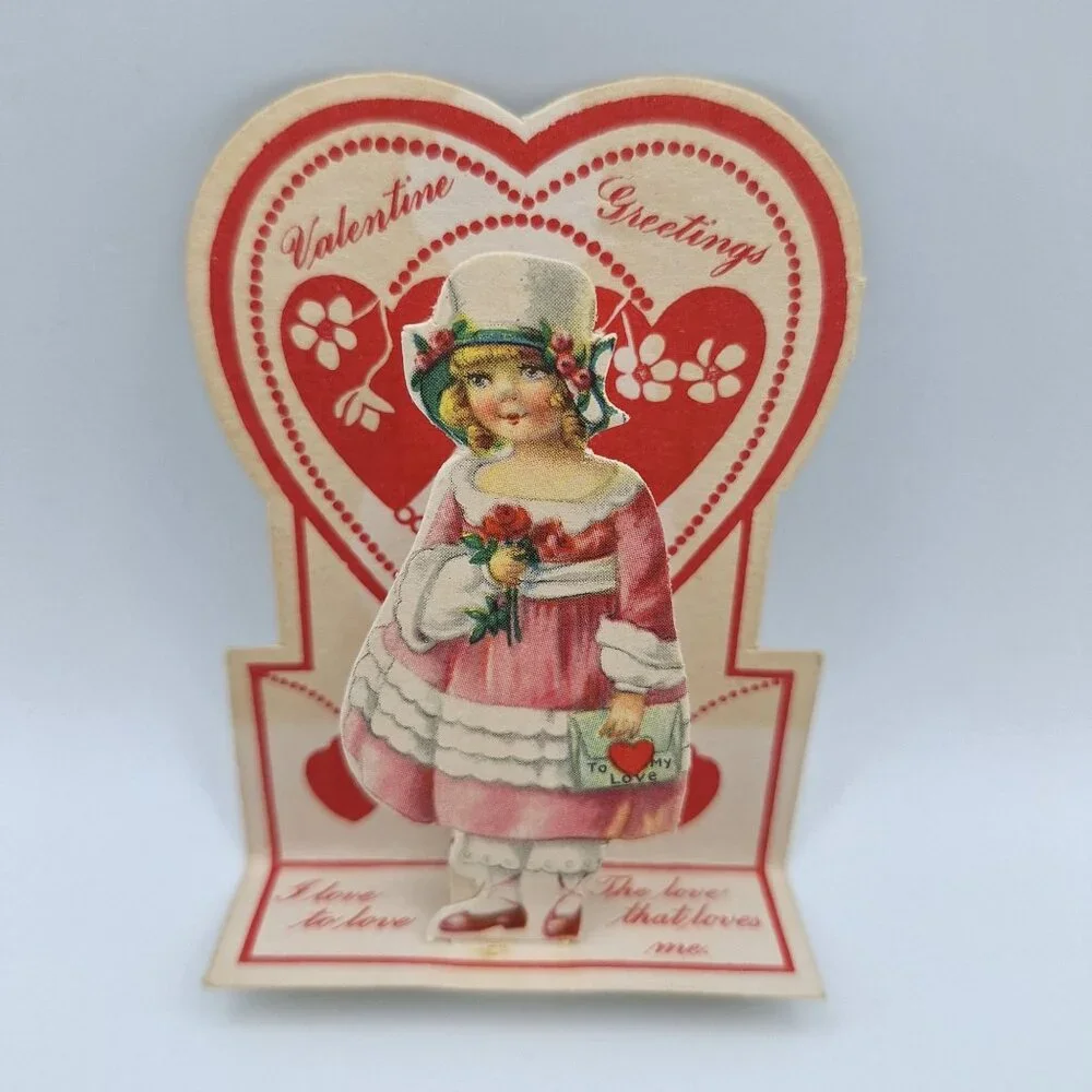 Vintage Valentines Day Card Pop-Up Stand-Up‎ Girl Heart Love Note Junk Journal