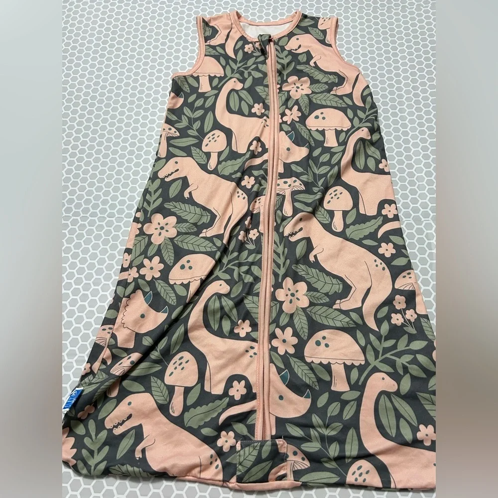 Totbasic Baby Sleep Sack Gray with Green Leaves and Peach Dinosaur’s    Size M