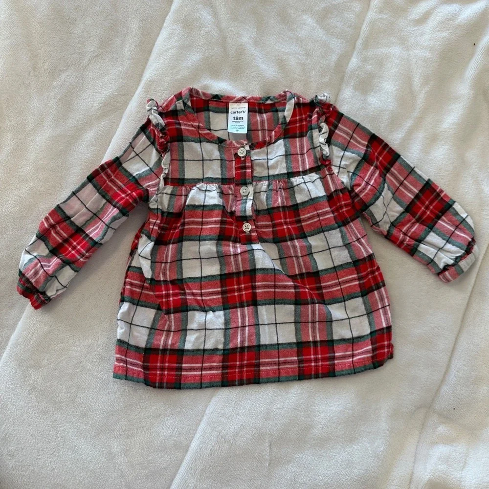 Carter's Baby Girl Plaid‎ Long Sleeve Ruffle Tunic Shirt 18 Months Red